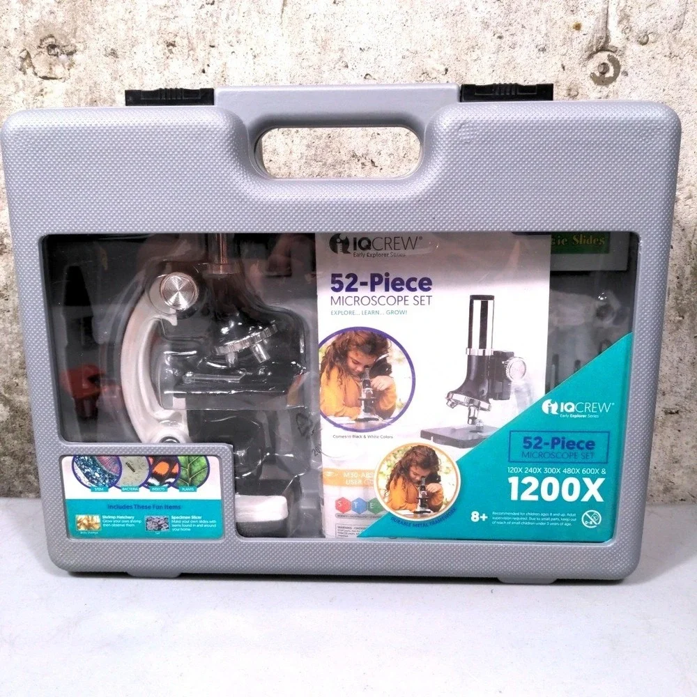 IQCrew 52-Piece Microscope Set Early Explorer Series 1200X STEM Kit w/ Case New‎